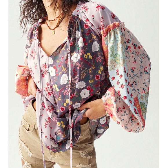 Tops - Boho Floral Print Patchwork Neck Tie Long Sleeve Blouse